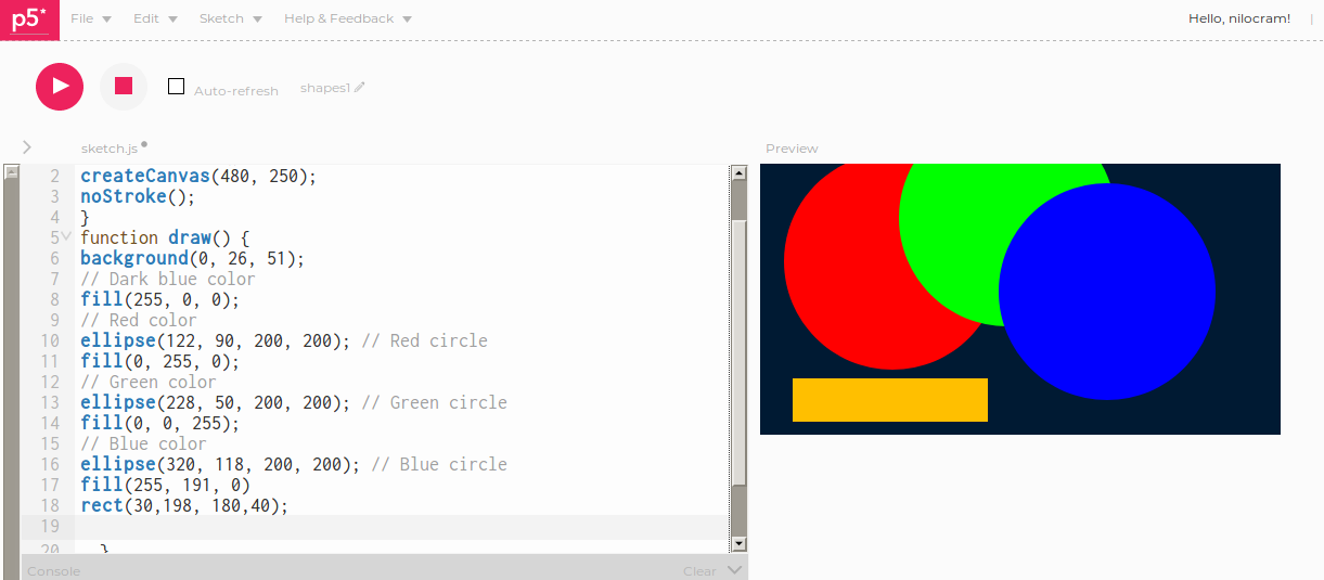 Uno sketch creato con il web editor di p5.js: tre cerchi e un rettangolo