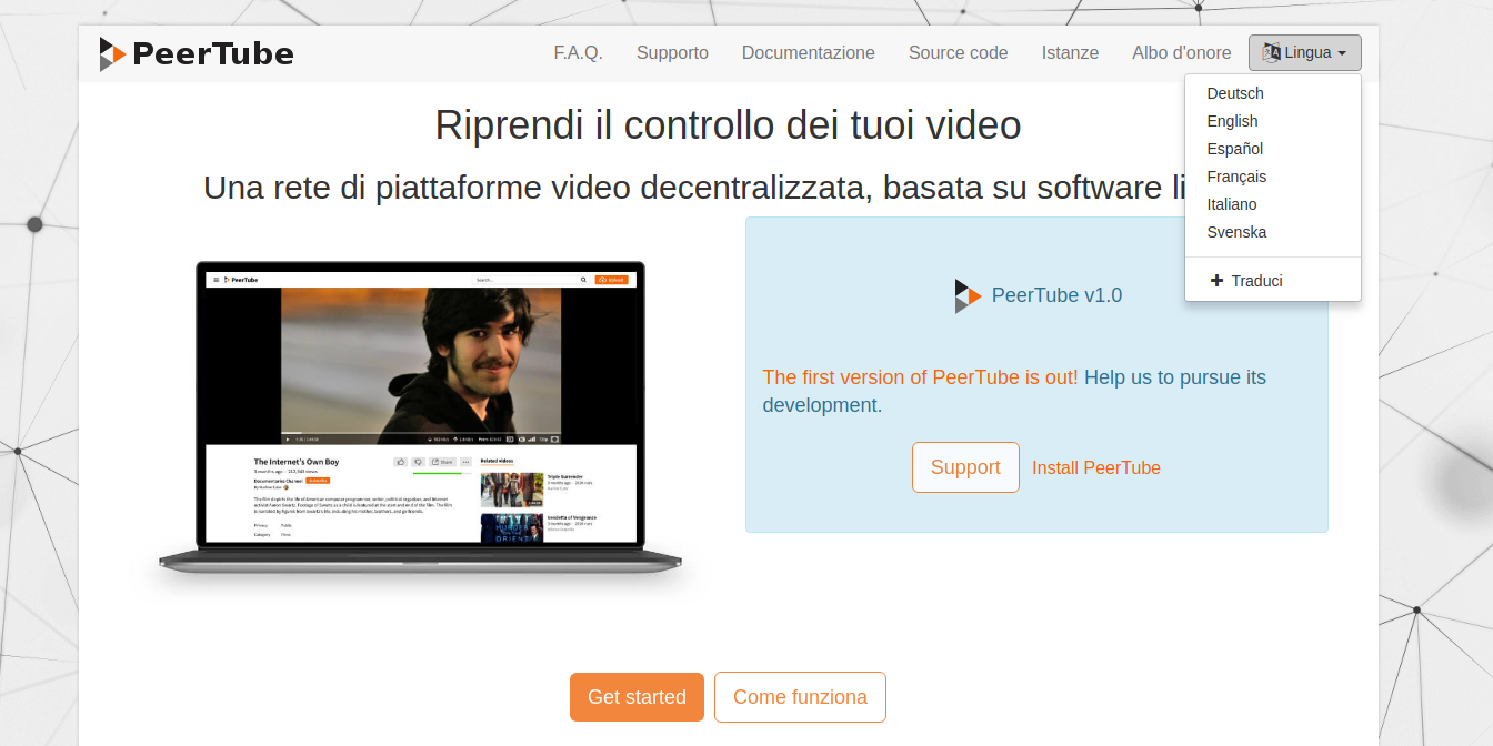 Home page in italiano di joinpeertube.org
