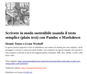 Screenshot intestazione dell'articolo Scrivere in modo sostenibile usando il testo semplice (plain text) con Pandoc e Markdown